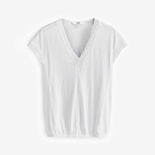 Load image into Gallery viewer, White Short Sleeve Lace V-Neck Bubble Hem 100% Cotton Top
