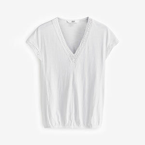 White Short Sleeve Lace V-Neck Bubble Hem 100% Cotton Top