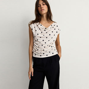 Ecru/Black Polka Dot Sleeveless Drape Top