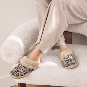 Animal Suede Faux Fur Lined Mule Slippers