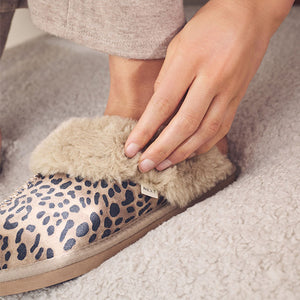 Animal Suede Faux Fur Lined Mule Slippers
