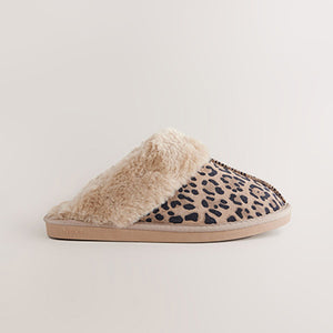 Animal Suede Faux Fur Lined Mule Slippers
