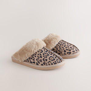 Animal Suede Faux Fur Lined Mule Slippers