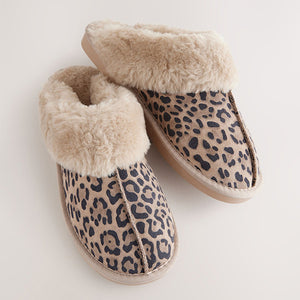 Animal Suede Faux Fur Lined Mule Slippers