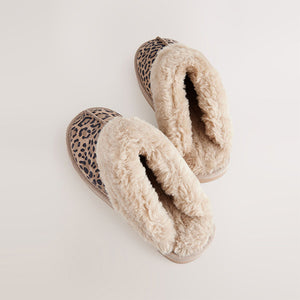 Animal Suede Faux Fur Lined Mule Slippers