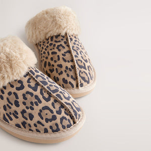 Animal Suede Faux Fur Lined Mule Slippers