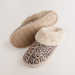Animal Suede Faux Fur Lined Mule Slippers
