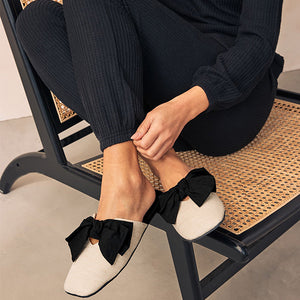 Neutral/Black Linen Blend Bow Mule Slippers