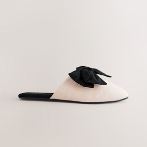 Neutral/Black Linen Blend Bow Mule Slippers