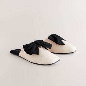 Neutral/Black Linen Blend Bow Mule Slippers