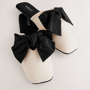 Neutral/Black Linen Blend Bow Mule Slippers