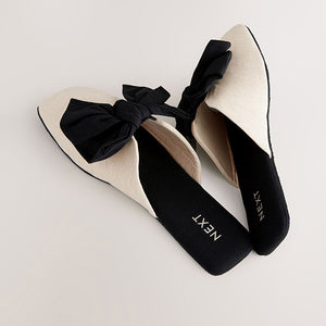 Neutral/Black Linen Blend Bow Mule Slippers