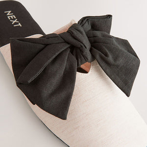 Neutral/Black Linen Blend Bow Mule Slippers