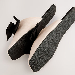 Neutral/Black Linen Blend Bow Mule Slippers