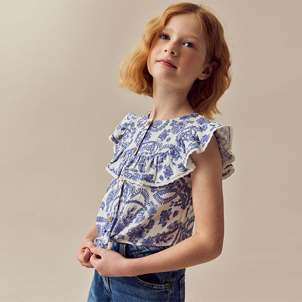 Blue Floral 100% Cotton Tie Front Blouse (3-12yrs)
