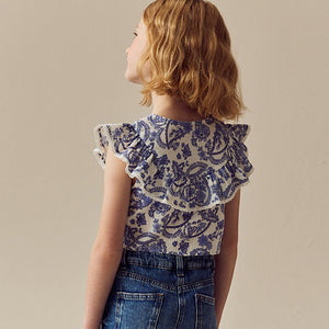 Blue Floral 100% Cotton Tie Front Blouse (3-12yrs)