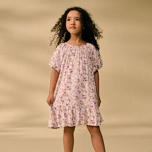 Lilac Purple Floral Puff Sleeve Summer Dress (3-12yrs)