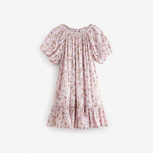 Lilac Purple Floral Puff Sleeve Summer Dress (3-12yrs)