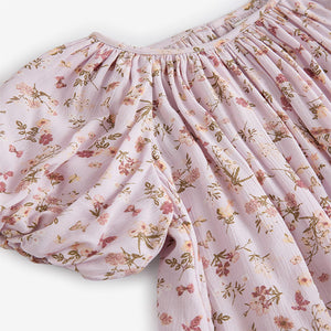 Lilac Purple Floral Puff Sleeve Summer Dress (3-12yrs)