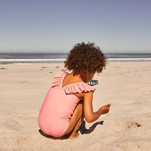 Load image into Gallery viewer, Coral Pink Flower Print Frill Shoulder Swimsuit (12mths-7yrs)
