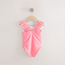 Load image into Gallery viewer, Coral Pink Flower Print Frill Shoulder Swimsuit (12mths-7yrs)
