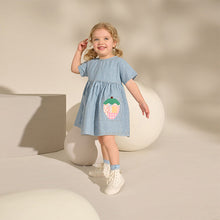 Load image into Gallery viewer, Blue/White Stripe Denim Strawberry Pocket Summer Dress (3mths-6yrs)
