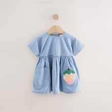 Load image into Gallery viewer, Blue/White Stripe Denim Strawberry Pocket Summer Dress (3mths-6yrs)
