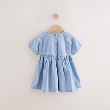 Load image into Gallery viewer, Blue/White Stripe Denim Strawberry Pocket Summer Dress (3mths-6yrs)
