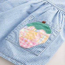 Load image into Gallery viewer, Blue/White Stripe Denim Strawberry Pocket Summer Dress (3mths-6yrs)
