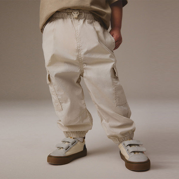 Neutral 100% Cotton Baggy Cargo Trousers with Toggle Waist (3mths-6yrs)
