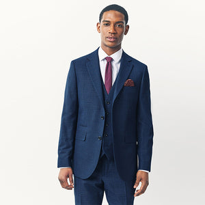 Blue Tailored Fit Textured Wool Suit Jacket