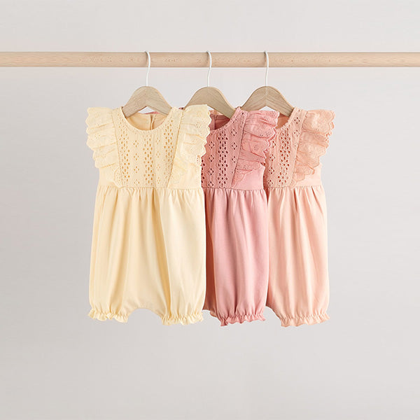 Tonal Pink Broderie 3 Pack Baby Rompers