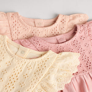 Tonal Pink Broderie 3 Pack Baby Rompers