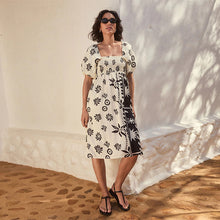 Load image into Gallery viewer, Monochrome Puff Sleeve Off Shoulder Midi Dress
