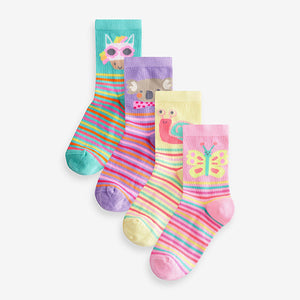 Pink, Purple and Green 4 Pack Cotton Rich Character Ankle Socks