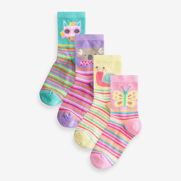 Pink, Purple and Green 4 Pack Cotton Rich Character Ankle Socks