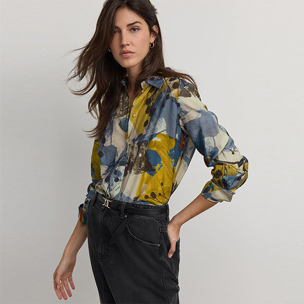 Abstract Blue Print Long Sleeve Button Down Shirt