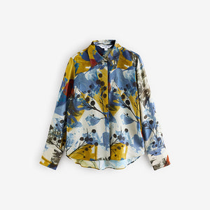 Abstract Blue Print Long Sleeve Button Down Shirt