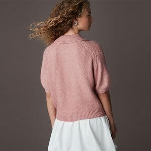 Pink Blush Soft Touch Short Sleeve Knitted Polo Jumper with Wool