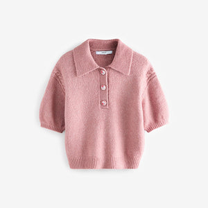 Pink Blush Soft Touch Short Sleeve Knitted Polo Jumper with Wool