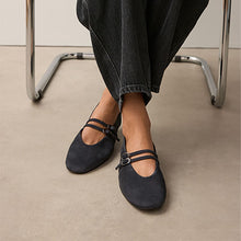 Load image into Gallery viewer, Navy Suede Standard Fit Leather Round Toe Mary Jane Shoes
