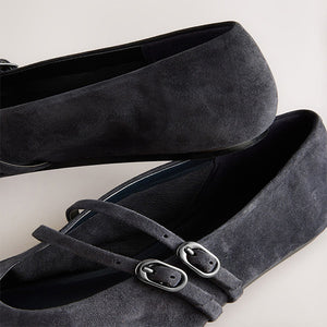Navy Suede Standard Fit Leather Round Toe Mary Jane Shoes