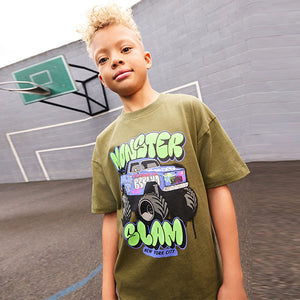 Khaki Green Truck Relaxed Fit Short Sleeve Graphic Print T-Shirt