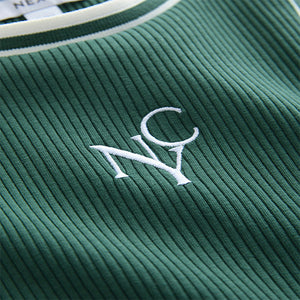 Green/White Ribbed Racer Tank Vest Sleeveless Top