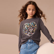 Load image into Gallery viewer, Charcoal Grey Heart Long Sleeve Sequin Top (3-12yrs)
