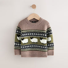 Load image into Gallery viewer, Brown Sheep Fairisle Pattern Knitted Crew Neck Jumper (3mths-6yrs)

