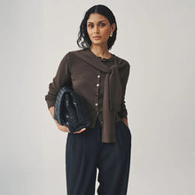 Load image into Gallery viewer, Chocolate Brown Scarf Layer Crew Neck Cardigan
