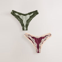 Load image into Gallery viewer, Purple/Green High Shine &amp; Lace Trim Brazilian Knickers 2 Pack
