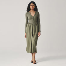 Load image into Gallery viewer, Khaki Green Jersey Woven Mix Waisted Midi Dress
