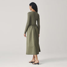 Load image into Gallery viewer, Khaki Green Jersey Woven Mix Waisted Midi Dress
